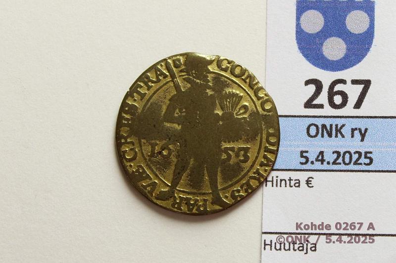 k-0267-a.jpg - Kohde 267 (kuva 1/2), l�ht�hinta: 5 &euro; / ei tarjouksia  Mukaelma : Utrecht 2 dukaattia 1653 Cu 53%, Zn 17,8%, Ga 14,0%, Ni 9,1%, Ag 4,8%. Kuuluisi olla Au 4,02g/986 (KM#42), kunto: 3