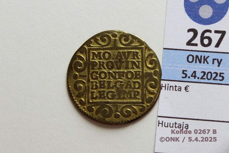 k-0267-b.jpg - Kohde 267 (kuva 2/2), lhthinta: 5 € / ei tarjouksia  Mukaelma : Utrecht 2 dukaattia 1653 Cu 53%, Zn 17,8%, Ga 14,0%, Ni 9,1%, Ag 4,8%. Kuuluisi olla Au 4,02g/986 (KM#42), kunto: 3