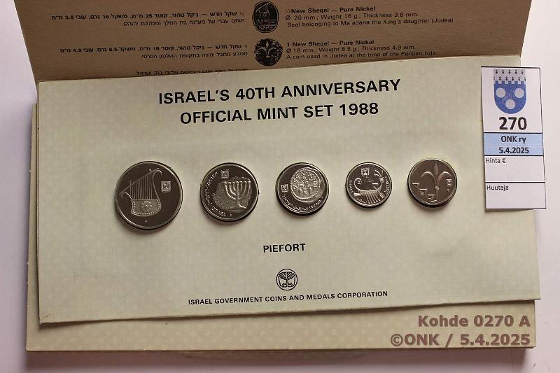 k-0270-a.jpg - Kohde 270 (kuva 1/2), lhthinta: 8 € / myyntihinta: 8 € Israel vuosisarja 1988 1, 5, 10 agora, , 1 new sheqel, Israel 40v, pahvikansissa, kunto: 9