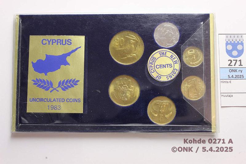 k-0271-a.jpg - Kohde 271 (kuva 1/2), lhthinta: 5 € / myyntihinta: 5 € Kypros vuosisarja 1983 , 1, 2, 5, 10, 20 c, pahvikansissa, kunto: 9