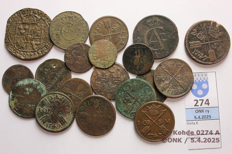 k-0274-a.jpg - Kohde 274, lhthinta: 20 € / myyntihinta: 20 € Ruotsi kuparia 1600-1800-l (19) 1/4 1640; 1 16xx(Ster, 1629/30?); 1d SM 1718 Mars; 1 KM 1719, -24; 1/6 SM 1718; 1 SM 1735, -41, -4x, -47(kl 5), -49, -50, -59; 2 SM 1747; 1/4sk 1803; sk 1799(2), 1822; 1sk 1802, kunto: 1-5