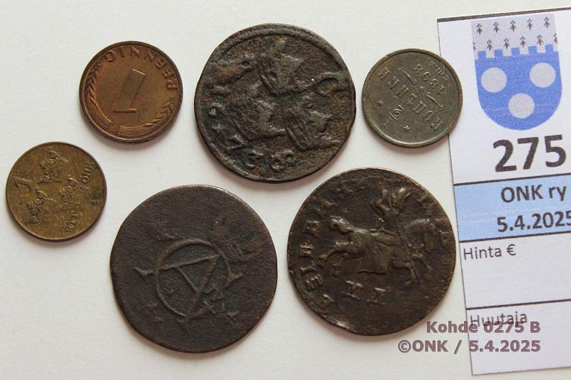 k-0275-b.jpg - Kohde 275 (kuva 2/2), lhthinta: 5 € / myyntihinta: 11 € Ruotsi, Venj, Saksa 1673-1950(6) Ruotsi 1/6 SM 1673 KM#254, 1/4sk 1802, 1 1939; Venj 1k 1710 ҂АѰӀ (viimeinen merkki epselv) МД, KM#118, k 1898 С.П.Б.; Saksa 1pf 1950F, kunto: 2-7