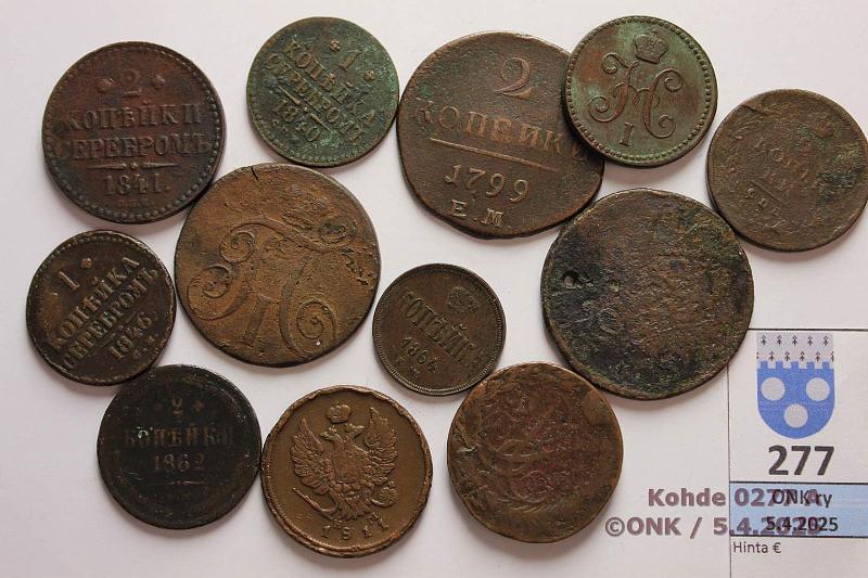 k-0277-a.jpg - Kohde 277 (kuva 1/2), lhthinta: 10 € / myyntihinta: 15 € Venj kuparia 1757-1864 (12) 1k 1840 СПМ, -42 ЕМ, -46 СМ, -64 ЕМ(kl 5); 2k 1757, -97 Е.М., -99 Е.М., -??, 1811(2) ЕМ НМ+СПБ ПС, -41 С.П.М., -62 Е.М., kunto: 1-5