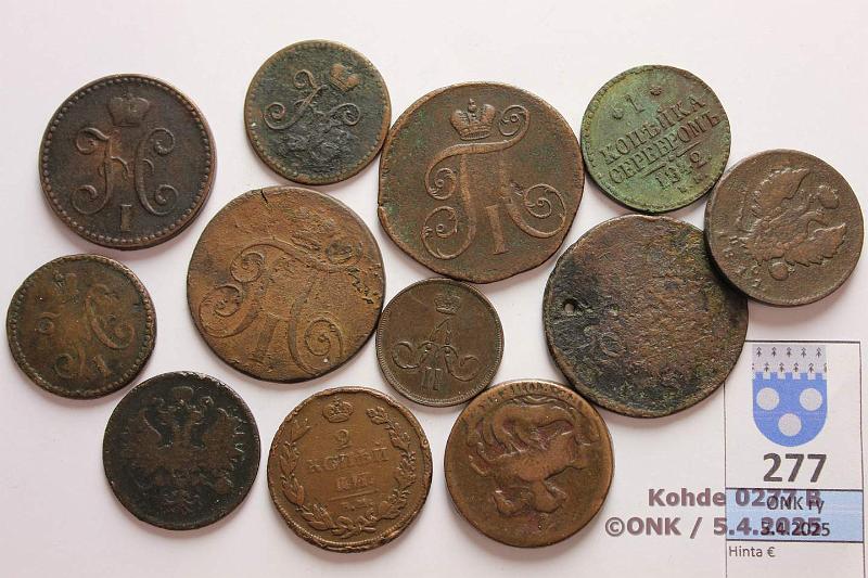 k-0277-b.jpg - Kohde 277 (kuva 2/2), lhthinta: 10 € / myyntihinta: 15 € Venj kuparia 1757-1864 (12) 1k 1840 СПМ, -42 ЕМ, -46 СМ, -64 ЕМ(kl 5); 2k 1757, -97 Е.М., -99 Е.М., -??, 1811(2) ЕМ НМ+СПБ ПС, -41 С.П.М., -62 Е.М., kunto: 1-5