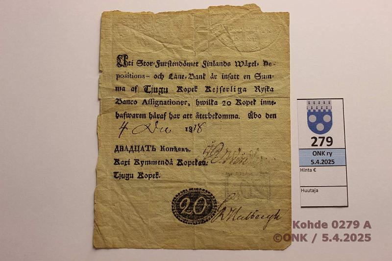 k-0279-a.jpg - Kohde 279 (kuva 1/2), lhthinta: 500 € / myyntihinta: 1150 € 20 kop 1818 SNY 1.2 20 kop Winter-Hedbergh, bo Contor vesileimalla WC, rep, neulanreiki, reunapuutteita, kunto: 3