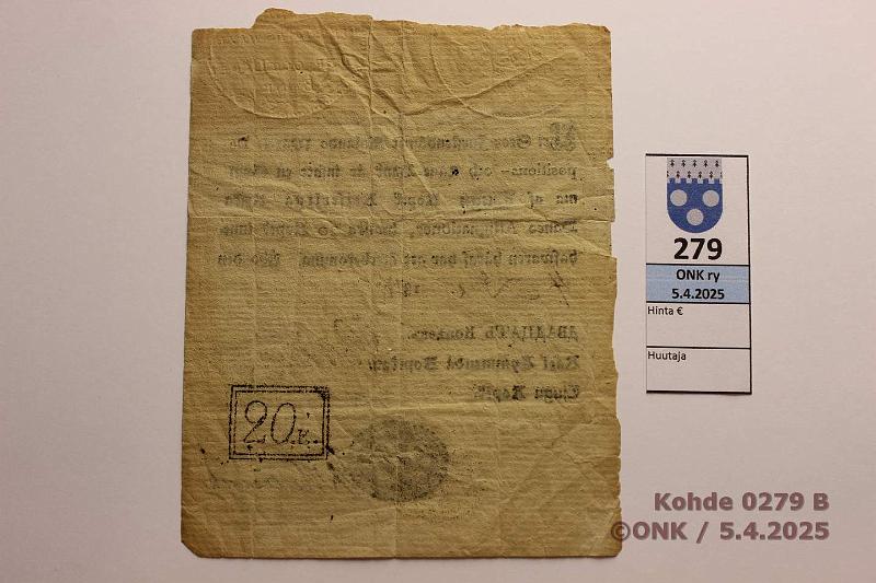 k-0279-b.jpg - Kohde 279 (kuva 2/2), lhthinta: 500 € / myyntihinta: 1150 € 20 kop 1818 SNY 1.2 20 kop Winter-Hedbergh, bo Contor vesileimalla WC, rep, neulanreiki, reunapuutteita, kunto: 3