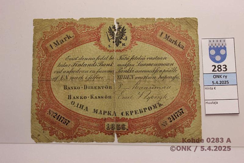 k-0283-a.jpg - Kohde 283 (kuva 1/2), lhthinta: 200 € / myyntihinta: 200 € 1 mk 1866 SNY 109.3 241757 Haartman-Nybergh, poikki keskelt, kunto: 1