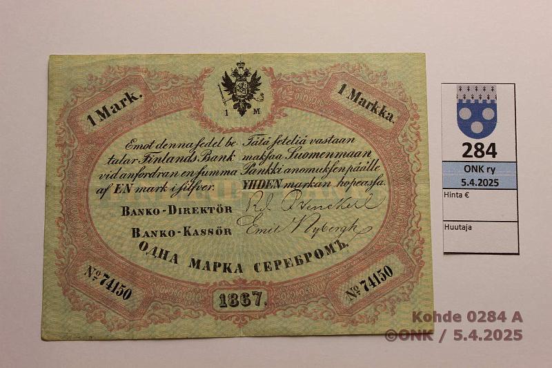 k-0284-a.jpg - Kohde 284 (kuva 1/2), lhthinta: 500 € / myyntihinta: 820 € 1 mk 1867 SNY 110 74150 Wrencel-Nybergh, kova siisti paperi, hyv kunto!, kunto: 5