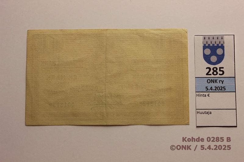k-0285-b.jpg - Kohde 285 (kuva 2/2), lhthinta: 10 € / myyntihinta: 19 € 1 mk 1915 SNY 111.1 0012122 JR-His, oikeanpuol sarjan:on viimeinen n:o selvsti alempana, hieman likaa, km, kunto: 5