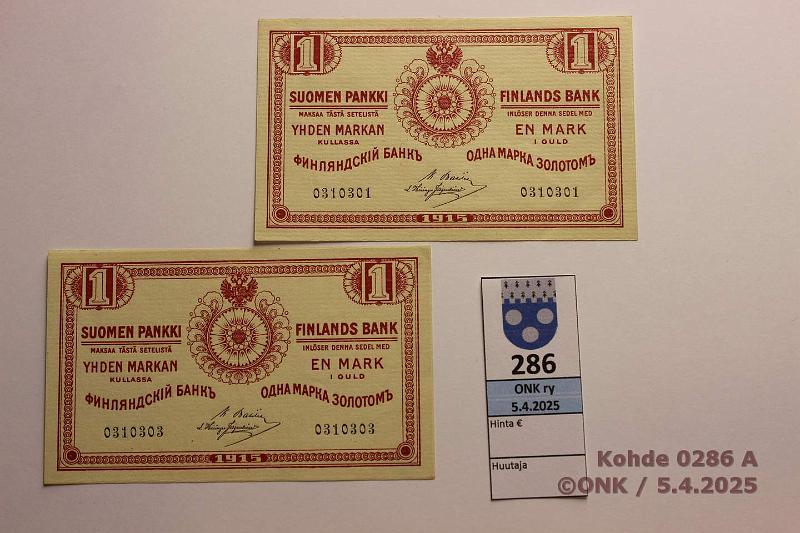 k-0286-a.jpg - Kohde 286, lhthinta: 25 € / myyntihinta: 50 € 1 mk 1915 (2) SNY 111.1 0310301 + ..03 BA I-His, paperiliittimen jljet, ei taitteita, kunto: 8