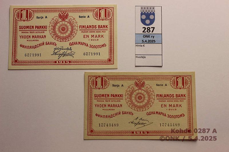 k-0287-a.jpg - Kohde 287, lhthinta: 25 € / ei tarjouksia 1 mk 1915 sarja A (2) SNY 111.2 6071991 JR-His, 10743489 BA I-His, eri vrinen paperi, kunto: 9, 8
