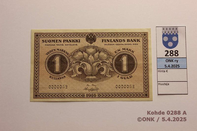 k-0288-a.jpg - Kohde 288 (kuva 1/2), lhthinta: 25 € / myyntihinta: 100 € 1 mk 1916 SNY 112.1 0000052 COL-His, pieni sarjanumero, kunto: 5