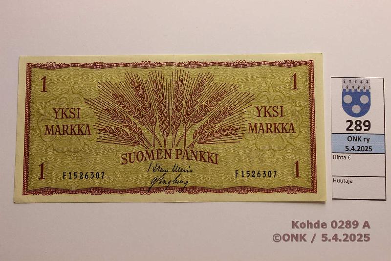 k-0289-a.jpg - Kohde 289 (kuva 1/2), lhthinta: 10 € / myyntihinta: 17 € 1 mk 1963 SNY 114.1.1 F1526307 WAR-Eng, kunto: 6