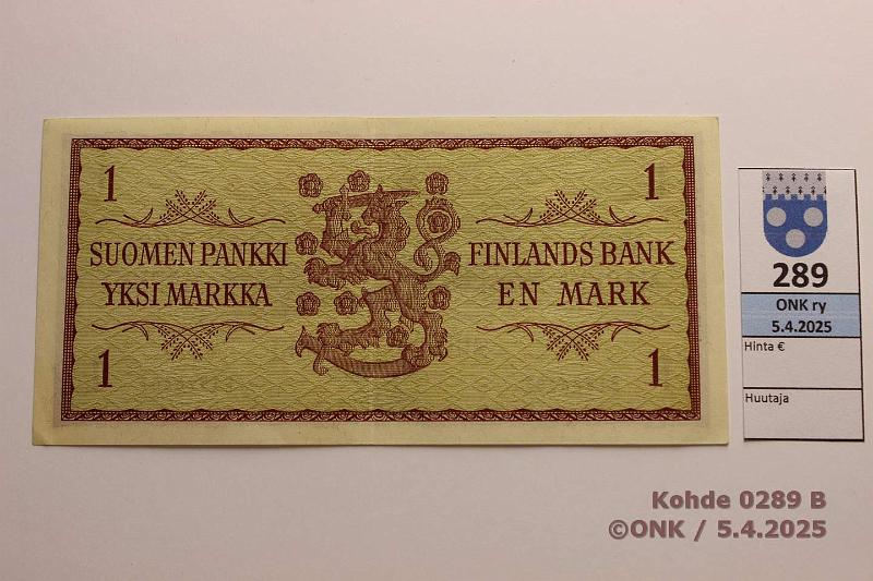 k-0289-b.jpg - Kohde 289 (kuva 2/2), lhthinta: 10 € / myyntihinta: 17 € 1 mk 1963 SNY 114.1.1 F1526307 WAR-Eng, kunto: 6