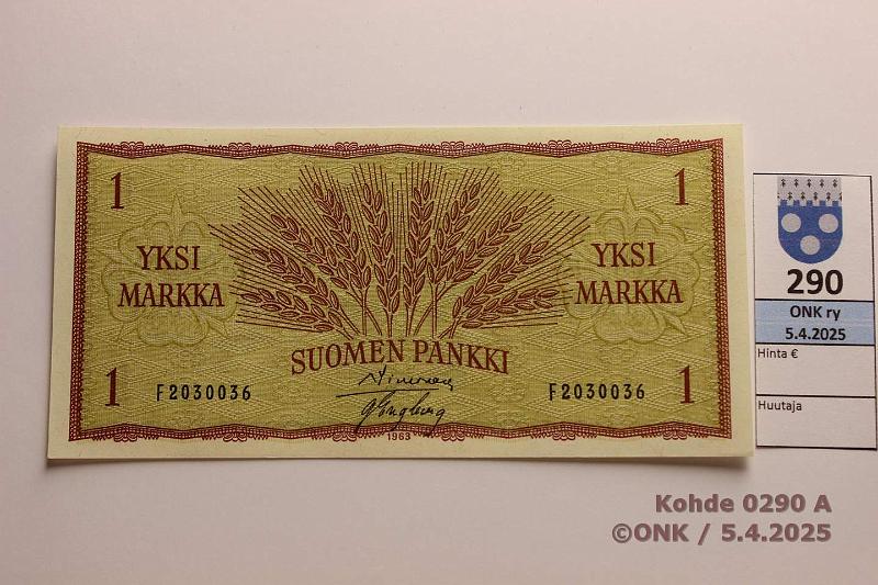 k-0290-a.jpg - Kohde 290, lhthinta: 20 € / ei tarjouksia 1 mk 1963 SNY 114.1.1 F2030036 SIM-Eng, kunto: 9