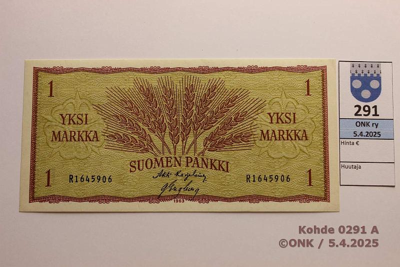 k-0291-a.jpg - Kohde 291, lhthinta: 15 € / myyntihinta: 17 € 1 mk 1963 SNY 114.1.1 R1645906 KA I-Eng, kunto: 9