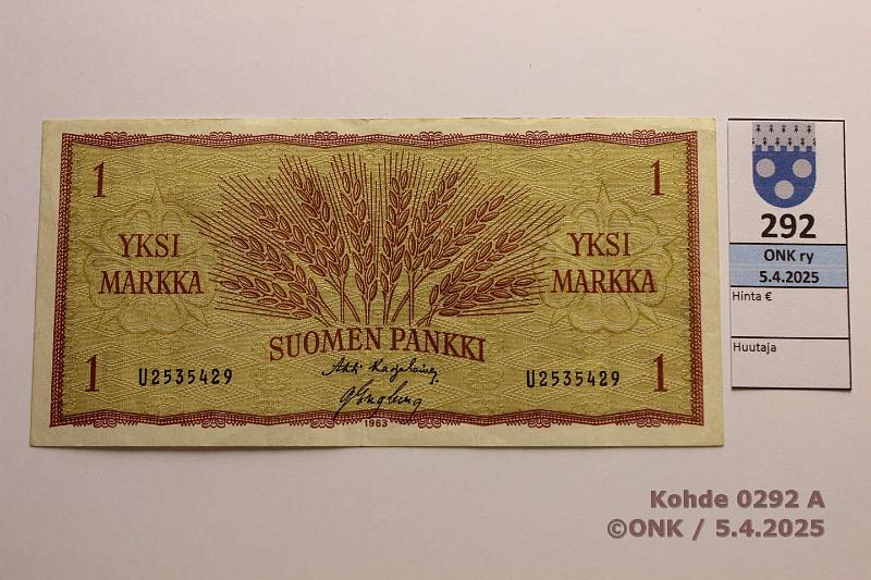 k-0292-a.jpg - Kohde 292, lhthinta: 8 € / myyntihinta: 8 € 1 mk 1963 SNY 114.1.1 U2535429 KA I Eng, kunto: 5