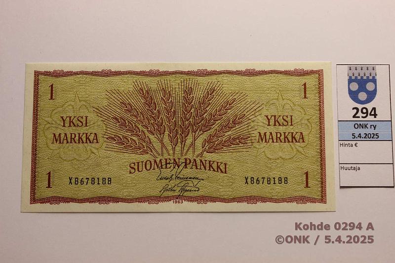k-0294-a.jpg - Kohde 294, lhthinta: 12 € / myyntihinta: 12 € 1 mk 1963 SNY 114.1.1 X8678188 LEI-AAs, kunto: 8