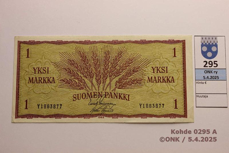 k-0295-a.jpg - Kohde 295, lhthinta: 10 € / ei tarjouksia 1 mk 1963 SNY 114.1.1 Y1883877 LEI-AAs, kulmataitokset, kunto: 6
