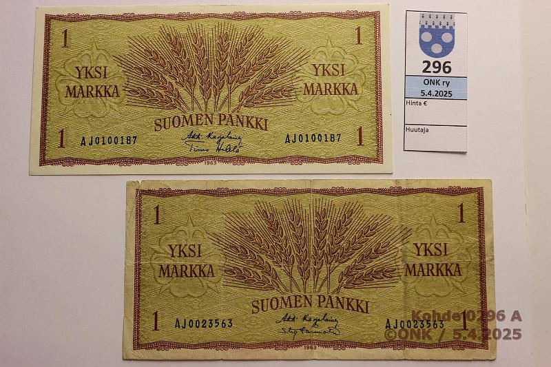 k-0296-a.jpg - Kohde 296, lhthinta: 8 € / myyntihinta: 8 € 1 mk 1963 (2) SNY 114.1.1 AJ0023563 KA I-Tr, AJ0100187 KA I-He, kunto: 3, 8