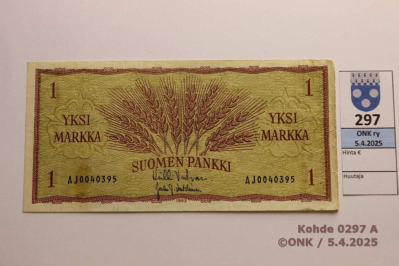 k-0297-a.jpg - Kohde 297, lhthinta: 10 € / ei tarjouksia 1 mk 1963 SNY 114.1.1 AJ0040395 VAL-Vou. Tahroja, prep. Ak-pari vain AJ ja A*-sarjoissa. AJ-sarjassa 15 000 kpl, kunto: 3