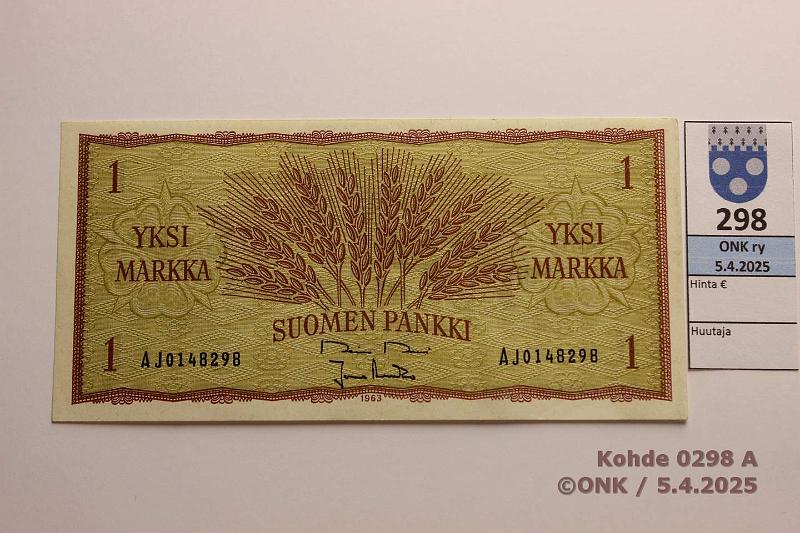 k-0298-a.jpg - Kohde 298, lhthinta: 20 € / myyntihinta: 20 € 1 mk 1963 SNY 114.1.1 AJ0148298 RO II-Ara. Ak-pari vain AJ sarjassa 10 000 kpl, kunto: 7
