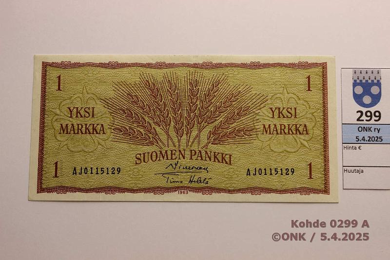k-0299-a.jpg - Kohde 299, lhthinta: 20 € / ei tarjouksia 1 mk 1963 SNY 114.1.1 AJ0115129 SIM-He. Ak-pari vain AJ sarjassa 10 000 kpl, kunto: 7
