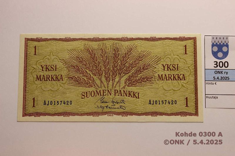 k-0300-a.jpg - Kohde 300, lhthinta: 10 € / ei tarjouksia 1 mk 1963 SNY 114.1.1 AJ0157420 KO I-Tr, kunto: 7
