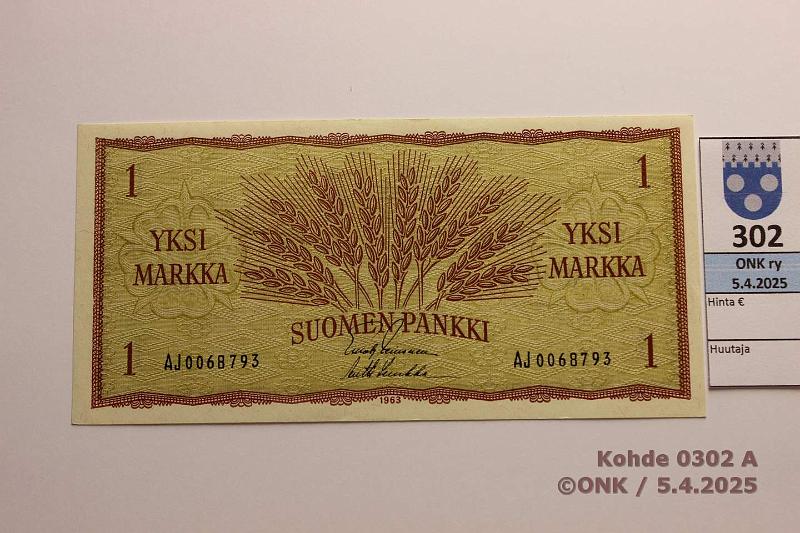 k-0302-a.jpg - Kohde 302, lhthinta: 15 € / ei tarjouksia 1 mk 1963 SNY 114.1.1 AJ0068793 LEI-Luu, kunto: 8