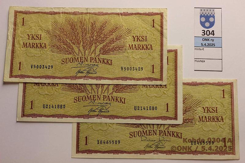 k-0304-a.jpg - Kohde 304, lhthinta: 14 € / myyntihinta: 14 € 1mk 1963 (3) SNY 114.1.1 U..SIM-AAs, V..SIM-AAs, X..RO I-AAs, kunto: 4-5