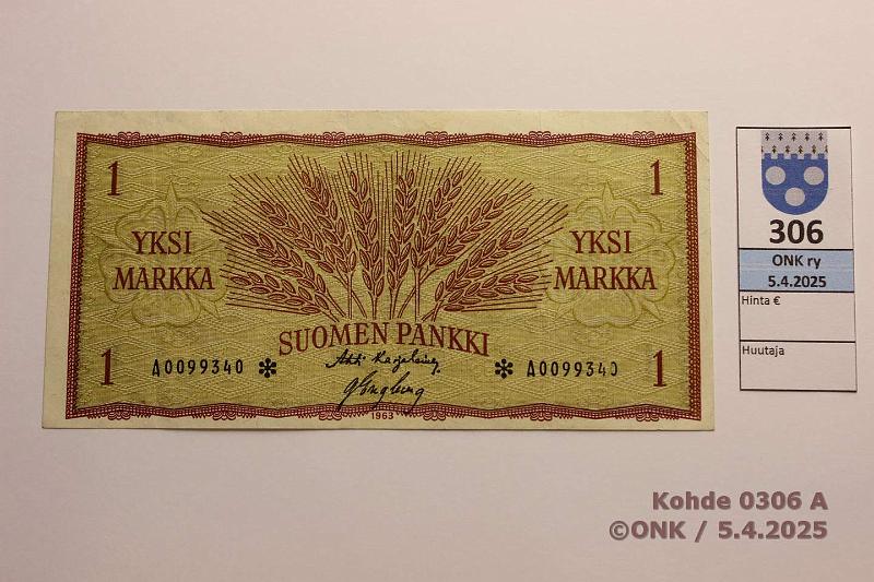 k-0306-a.jpg - Kohde 306, lhthinta: 30 € / myyntihinta: 34 € 1 mk 1963 A* SNY 114.2.1 A0099340* KA I-Eng, korvaava, ensimmist sarjaa, kunto: 5