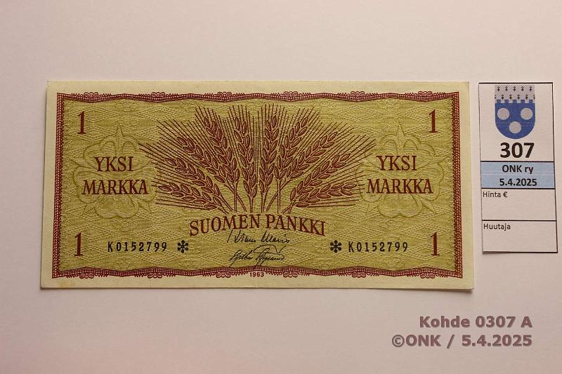 k-0307-a.jpg - Kohde 307, lhthinta: 30 € / myyntihinta: 30 € 1 mk 1963 K* SNY 114.2.2 K0152799* WAR-AAs, korvaava, kunto: 5