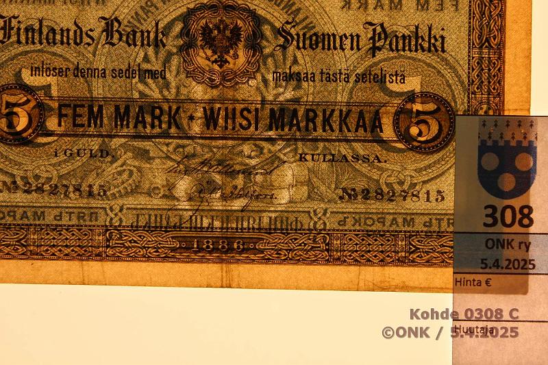 k-0308-c.jpg - Kohde 308 (kuva 3/3), lhthinta: 250 € / myyntihinta: 340 € 5 mk 1886 SNY 128.1.3 2827815 Wallenius-Ahlfors, kova ehj paperi, kunto: 4