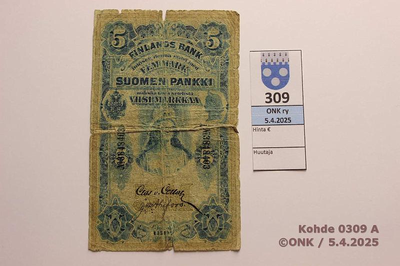 k-0309-a.jpg - Kohde 309 (kuva 1/2), lhthinta: 10 € / myyntihinta: 10 € 5 mk 1898 SNY 129.1.1 3848403 COL-Ahl, kuusenhavut, rep, reiki, korjaus, kunto: 2