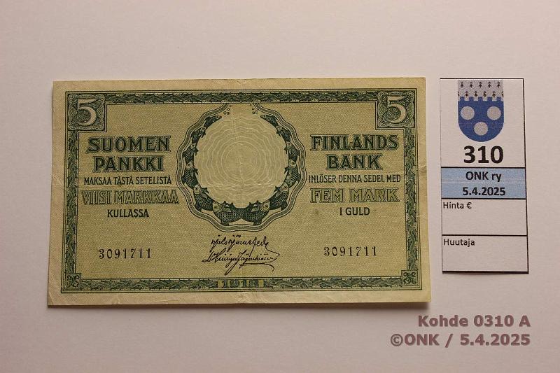 k-0310-a.jpg - Kohde 310 (kuva 1/2), lhthinta: 10 € / myyntihinta: 16 € 5 mk 1918 SNY 131 3091711 JR-His, kunto: 4
