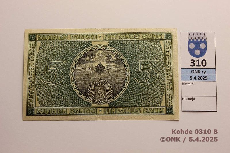 k-0310-b.jpg - Kohde 310 (kuva 2/2), lhthinta: 10 € / myyntihinta: 16 € 5 mk 1918 SNY 131 3091711 JR-His, kunto: 4