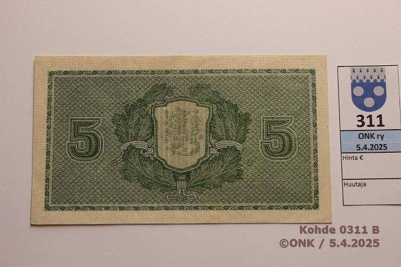 k-0311-b.jpg - Kohde 311 (kuva 2/2), lhthinta: 35 € / myyntihinta: 44 € 5 mk 1922 LB SNY 132.3 D0109977 RYT-Wah, kunto: 7
