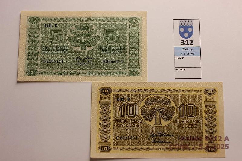 k-0312-a.jpg - Kohde 312, lhthinta: 40 € / myyntihinta: 46 € 5 + 10 mk 1922 LC SNY 132.4 + 143.4 5mk B0265474 HEU-OAs; 10mk C0021304 KAL-Wah, kunto: 6, 8