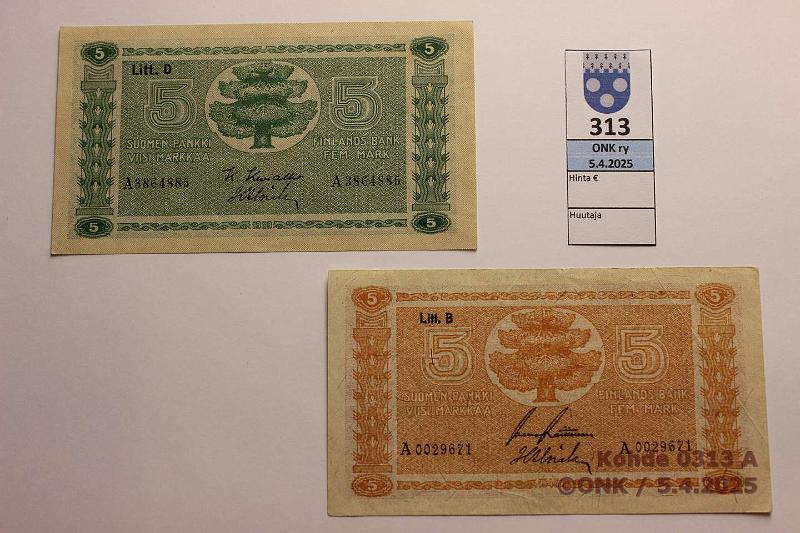 k-0313-a.jpg - Kohde 313, lhthinta: 5 € / myyntihinta: 9 € 5 mk 1939 LD, -45 LB SNY 133.2 + 134.2 -39 LD A3864885 KIV-Als vl2; -45 LB A0029671 RAI-Als, kunto: 7, 4