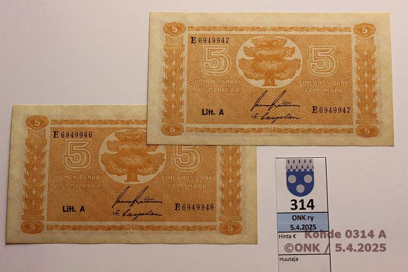 k-0314-a.jpg - Kohde 314, lhthinta: 20 € / myyntihinta: 32 € 5 mk 1945 LA (2) SNY 134.1.1 E6949946-47 RAI-Car, perkkiset, kunto: 9