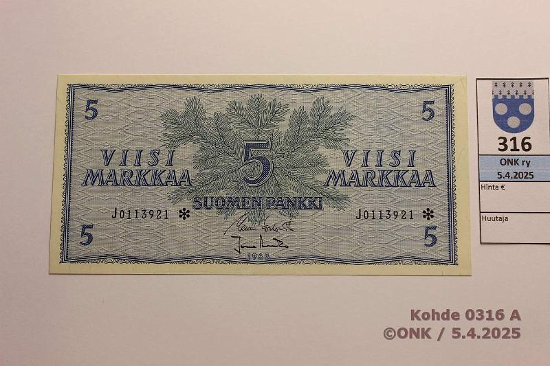 k-0316-a.jpg - Kohde 316 (kuva 1/2), lhthinta: 150 € / myyntihinta: 150 € 5 mk 1963 J* SNY 135.2.2 J0113921* KO I-Ara, korvaava, kunto: 9