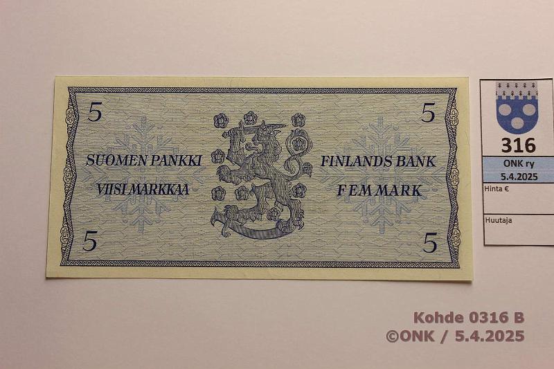 k-0316-b.jpg - Kohde 316 (kuva 2/2), lhthinta: 150 € / myyntihinta: 150 € 5 mk 1963 J* SNY 135.2.2 J0113921* KO I-Ara, korvaava, kunto: 9