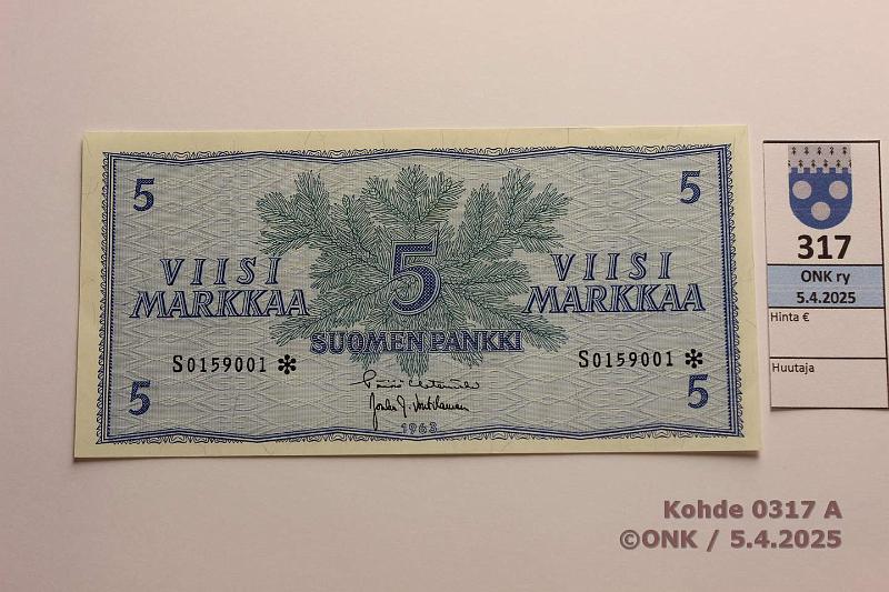 k-0317-a.jpg - Kohde 317, lhthinta: 130 € / ei tarjouksia 5 mk 1963 S* SNY 135.2.3 S0159001* HET-Vou, korvaava, kunto: 8