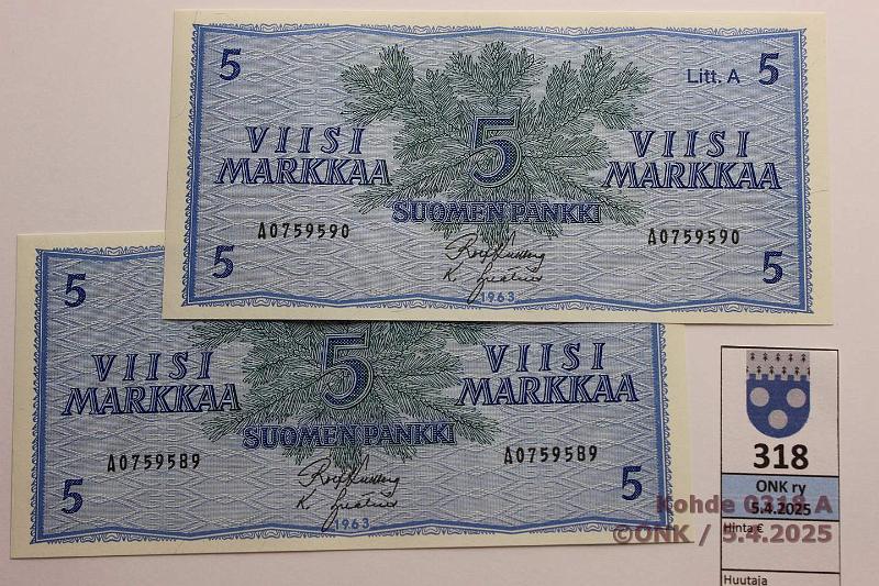 k-0318-a.jpg - Kohde 318, lhthinta: 8 € / myyntihinta: 18 € 5 mk 1963 LA (2) SNY 135.3.1 A0759589-90 KU I-Ign, perkkiset, harv ak-pari (v), kunto: 9