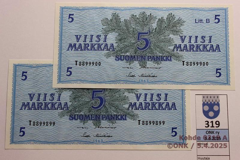 k-0319-a.jpg - Kohde 319, lhthinta: 6 € / myyntihinta: 10 € 5 mk 1963 LB (2) SNY 135.5.1 T8899899-900 AL I-H1, erikoinen sarjanumeropari, kunto: 9