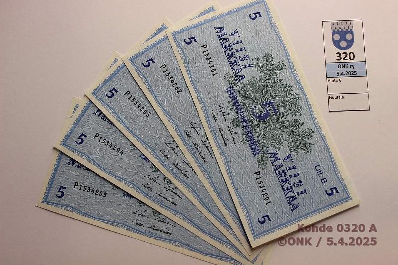 k-0320-a.jpg - Kohde 320, lhthinta: 15 € / myyntihinta: 15 € 5 mk 1963 LB (5) SNY 135.5.1 P1534201-05 HOL-H1. 5 perkk, 2 ensimmisess oik ylkulm pyristynyt ja lopuissa vas ylkulm painovrikaari, kunto: 9