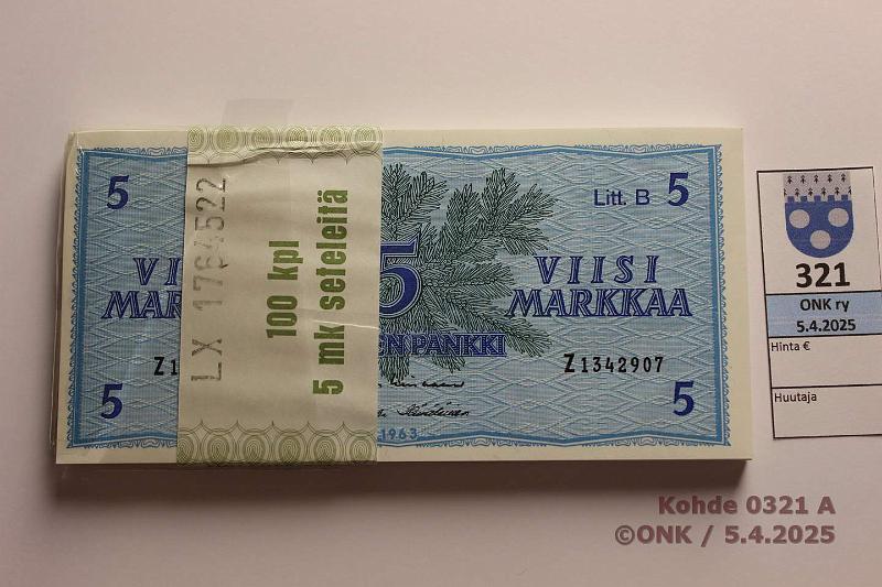 k-0321-a.jpg - Kohde 321 (kuva 1/2), lhthinta: 95 € / myyntihinta: 157 € 5 mk 1963 LB (85) SNY 135.5.1 Z1342907-2991 LIN-H1, avattu vajaa pakka, kunto: 9