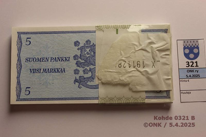 k-0321-b.jpg - Kohde 321 (kuva 2/2), lhthinta: 95 € / myyntihinta: 157 € 5 mk 1963 LB (85) SNY 135.5.1 Z1342907-2991 LIN-H1, avattu vajaa pakka, kunto: 9