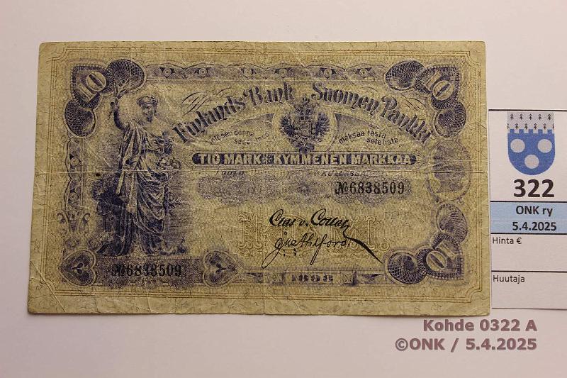 k-0322-a.jpg - Kohde 322 (kuva 1/2), lhthinta: 40 € / myyntihinta: 40 € 10 mk 1898 SNY 140.3 6838509 COL-Ahl, neulanreiki, eprep, kunto: 3