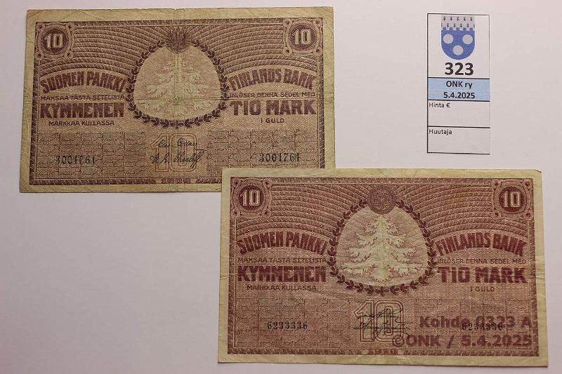 k-0323-a.jpg - Kohde 323 (kuva 1/2), lhthinta: 20 € / myyntihinta: 22 € 10 mk 1909, -18 SNY 141.1.2 + 142 3001761 COL-The (3,5mm sn:o); 6233336 BRG-His, harv ak-pari (v), kunto: 3, 4